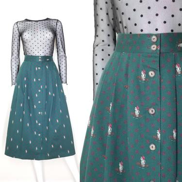 Vintage Green Button Skirt, Large / Polo Jockey Print Skirt / Green Pleated Sport Pattern Midi Skirt / Novelty Print Cotton Day Skirt 