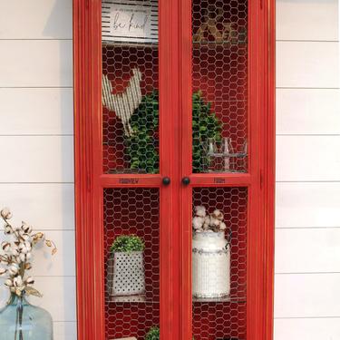 Red Farmhouse Hutch with Chicken Wire