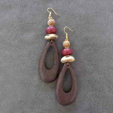 Wooden hoop earrings, carved bone Afrocentric earrings, mid century modern earrings, African bold statement earrings, unique ethnic earrings 