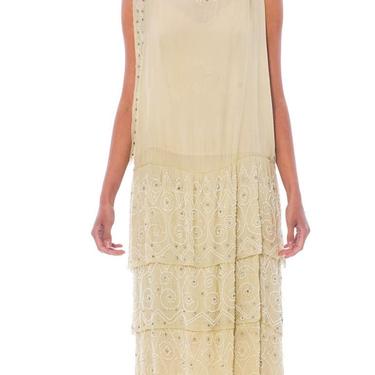 1920S Ivory Silk Chiffon Cocktail Dress With White Beadwork & Crystals 