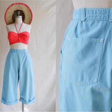 Vintage 50s White Stag Cropped Clam Diggers/ 1950s High Waisted Blue Cotton Pedal Pushers Cropped Side Zip/ Rockabilly/ Size Small 26 