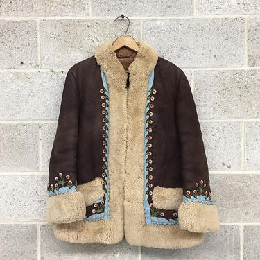 Vintage Coat Retro 1960s Handmade + Penny Lane + Shearling + Brown Suede + Embroidered + Leather + Bohemian Style + Cold Weather + Apparel 