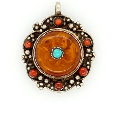 Vintage Artisan Tibetan Copal Amber Turquoise Coral Sterling Silver Pendant Necklace 