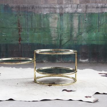 STUNNING Milo Baughman Attributed Brass, Tiered, pivoting, Post Modern, Smoked glass and bent Chrome / Brass coffee cocktail table MCM 