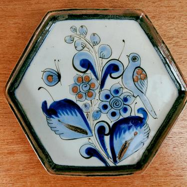 Vintage Tonala Hexagon Trinket Tray Dish Pottery | Blue Bird Butterfly | El Palomar Guadalajara Mexico | Ken Edwards 