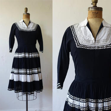 Vintage 50s Patio Set/1950s Black White Silver Two Piece Patio Dress/ Full Skirt/ Squaw/ Rockabilly/ Size Medium 