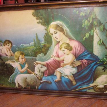 Antique Vintage 1920s Framed Colorful Lithograph Print Religious Print Mary and Jesus with Cherubs and Lamb in Lush Idyllic Scene 
