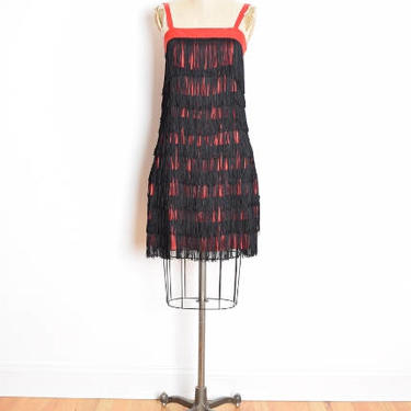 vintage 60s dress, flapper dress, gatsby dress, black fringe dress, 60s party dress, red satin dress, 1960s 60s clothing, 60s fringe dress 