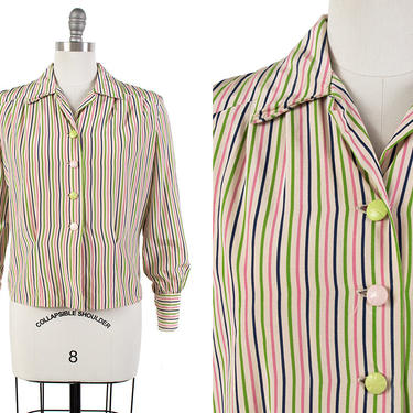 Vintage 1940s Blouse | 40s Candy Striped Rayon Long Sleeve Button Up Top (medium) 