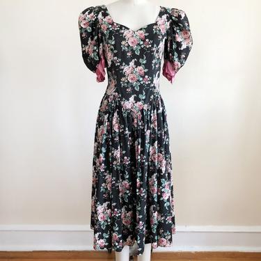 Black and Pink Floral Print Cotton Party Dress - 1980s 