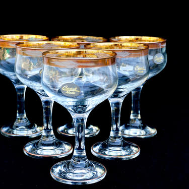 Set of 6 Vintage Hollywood Regency 22KT Gold Rim Martini / Champage Coupe / Wine Glasses | Made in Italy | Mid-Century Barware 