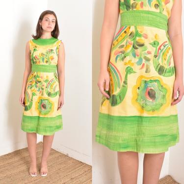 Vintage 1960s Dress / 60s Greek Hand Painted Bird Dress / Yellow Green ( medium M ) 
