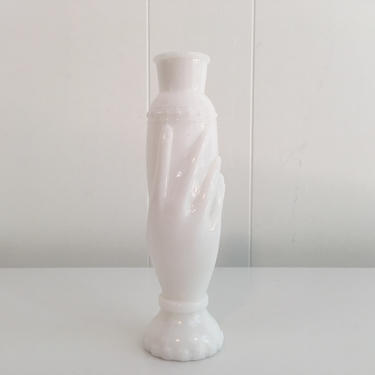 Vintage Avon Milk Glass Hand Flower Vase Lady Decanter Perfume Bottle Candlestick Holder Bud Cottage Chic Shabby Hobnail 