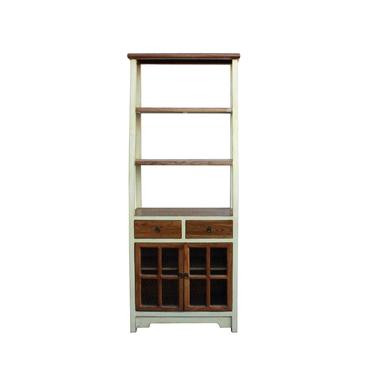 Oriental Cream White Brown Glass Door China Bookcase Cabinet cs4173E 