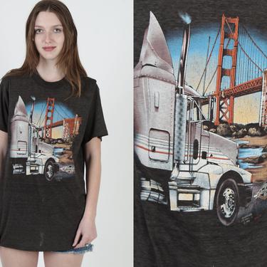 1989 Truckers Only T Shirt / San Francisco Golden Gate Bridge / Paper Thin Black 50 50 Material / 2 Sided Las Vegas Dealer Tee 