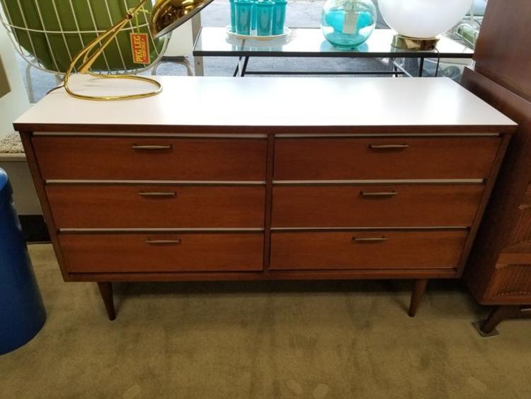 Mid-Century Modern six drawer dresser with white accents