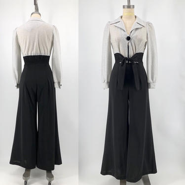 70s LUREX JUMPSUIT with silver puff sleeve top and wide bell legs vintage 1970s 8 