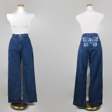 VINTAGE 90s - Y2K High Waisted Straight Leg Jeans With Butterfly Accent | Wide Leg High Rise Mom Jeans | Medium Blue Cotton Denim 30&amp;quot; 