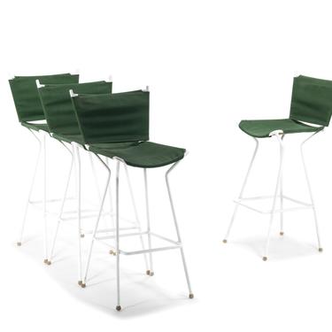 Set of Four ( 4 ) Mid Century Modern Bar Height Barstools in Forest Green Canvas on Wrought Iron Metal Frames 