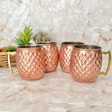Vintage Copper and Brass Mugs, Set 4, Cups, Hammered, Mid Century Dining, Decor, Kitchen 
