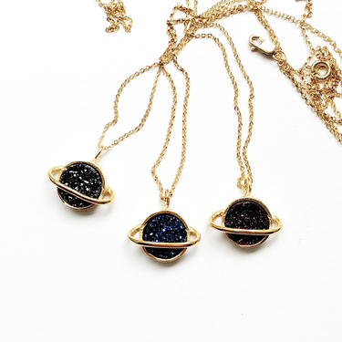 Golden Druzy / Drusy Saturn Necklace in Blue, Purple or Black 