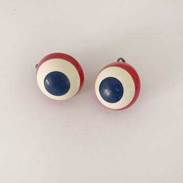 Red, White, and Navy Bullseye Round Clip-On Earrings - 1960s 