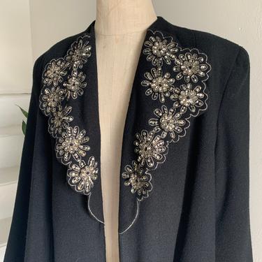 Old Hollywood 1940s Black Wool Swing Coat with Sequined Lapels Large Voluptuous Vintage 