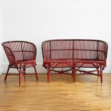 vintage rattan couch and chair, vintage porch furniture, rattan furniture, mcm rattan furniture, wicker furniture, porch furniture, rattan 