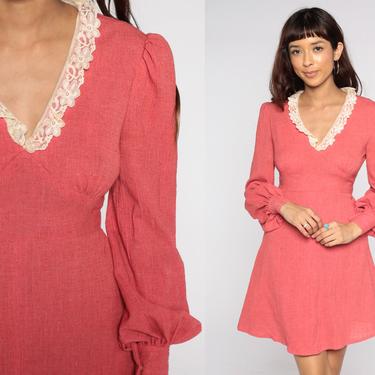 Pink Babydoll Dress 70s Puff Sleeve Mini Boho Empire Waist 60s Bohemian Hippie Vintage Mod Dolly Dress Small S 