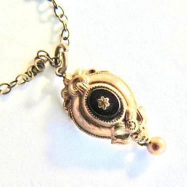 Victorian Gold Filled Black Onyx Pendant on Brass Chain 