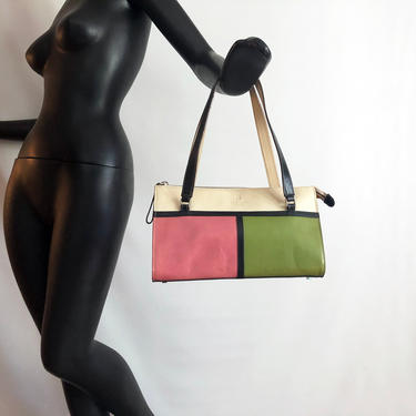 RARE Mod Kate Spade &quot;Mondrian&quot; Bag | Vintage 1990s 90s All Leather Handbag / Purse | Pink & Olive Green with Black and Cream | Triangle Side 