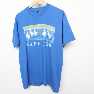 vintage 1980s faded CAPE COD single stitch vintage soft coastal striped print royal blue t-shirt -- size large 