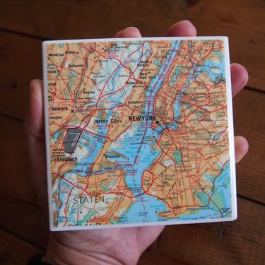 1979 New York City Vintage Map Coaster - Ceramic Tile - Repurposed 1970s Reader's Digest Atlas - Handmade - Manhattan Brooklyn Staten Island 