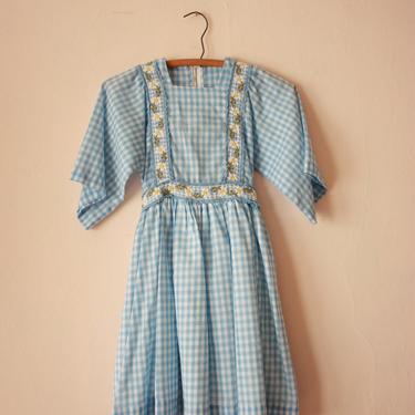 60s 70s Blue and White Gingham Dirndl Dress with Embroidered Daisy Trim Size XXS 