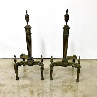Pair of large antique brass Federal style andirons 