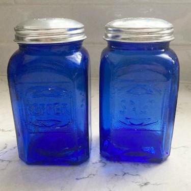 One Pair of Vintage Large Cobalt Blue Glass Salt and Pepper Shakers, Antique Pair of Glass Shakers Cobalt Blue by LeChalet