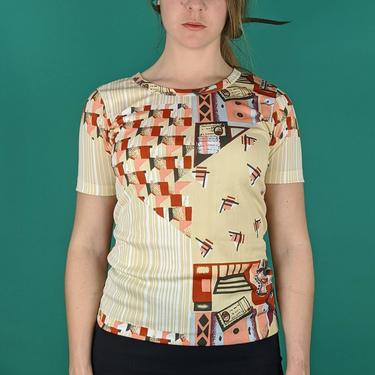 70s Retro Abstract Print Top (Vintage VTG), Colorful Boho Hipster Festival Crew Neck Shirt, Classic Women's Party Blouse 