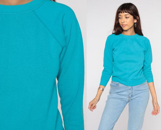 80s Sweatshirt Turquoise Blue Crewneck Sweatshirt Pastel Raglan Sleeve Plain Slouchy 1980s Vintage Sweat Shirt Extra Small xs 