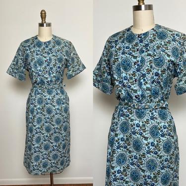 Vintage 1950s Day Dress 50s Shirtwaist w Belt Deadstock Blue Needlepoint Print 