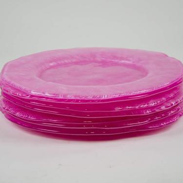 Set of 7 Mid-Century Raspberry Pink Glass Plates 