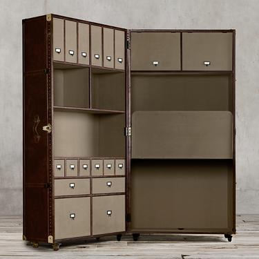 RESTORATION HARDWARE MAYFIELD STEAMER TRUNK OPEN AND CLOSE SECRETARY  IN VINTAGE CIGAR LEATHER