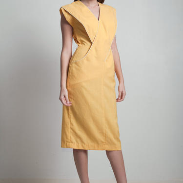 vintage 80s origami dress yellow crisscross front sleeveless kangaroo pocket SMALL S 
