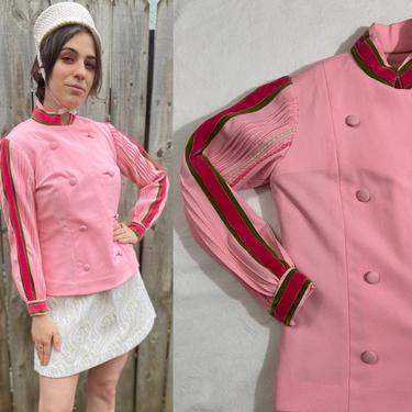 Vintage 1960s Mod Velvet Trim Jacket | Double Breasted Psychedelic Sgt. Pepper Jacket, Pink and Green Cropped Banded Collar Spring Jacket Sm 