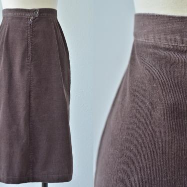 70s Vintage ESPRESSO BROWN CORDUROY High Waist Skirt, Midi Pencil Skirt, Front Zipper &amp; Button, Fitted with Darts Pincord Skirt, Size Small 