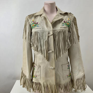 1950's White Buckskin Western Fringe Jacket -  Handmade with Beadwork - Women's Size Medium 
