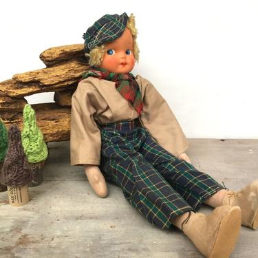 Vintage Cloth Doll Plastic Face Rustic Cabin Decor Hiker Lady Girl 