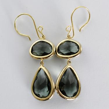 90's dark green tourmaline sterling vermeil abstract bling dangles, edgy 925 silver gold wash hand cut gems swing earrings 