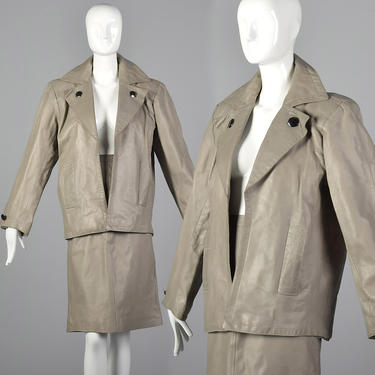 Small 1980s Yves Saint Laurent Rive Gauche Gray Leather Skirt Suit Oversized Jacket Pencil Skirt Classic 80s Vintage 