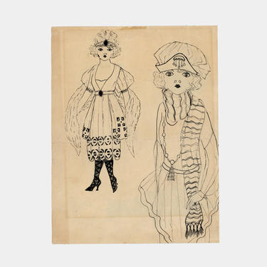 double sided antique fashion drawing, vintage fashion drawing, original fashion drawing, 1920's fashion drawing, outsider art, naive art 