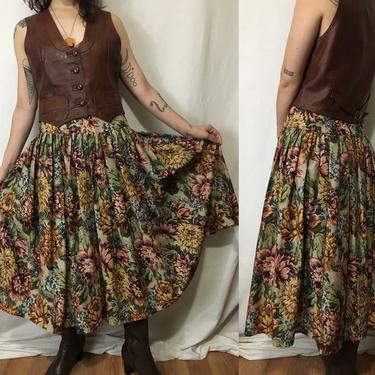 Vintage Floral Midi Skirt | Earthy Autumn Floral Drop Waist Full Skirt Size Small | Homemade Vintage 